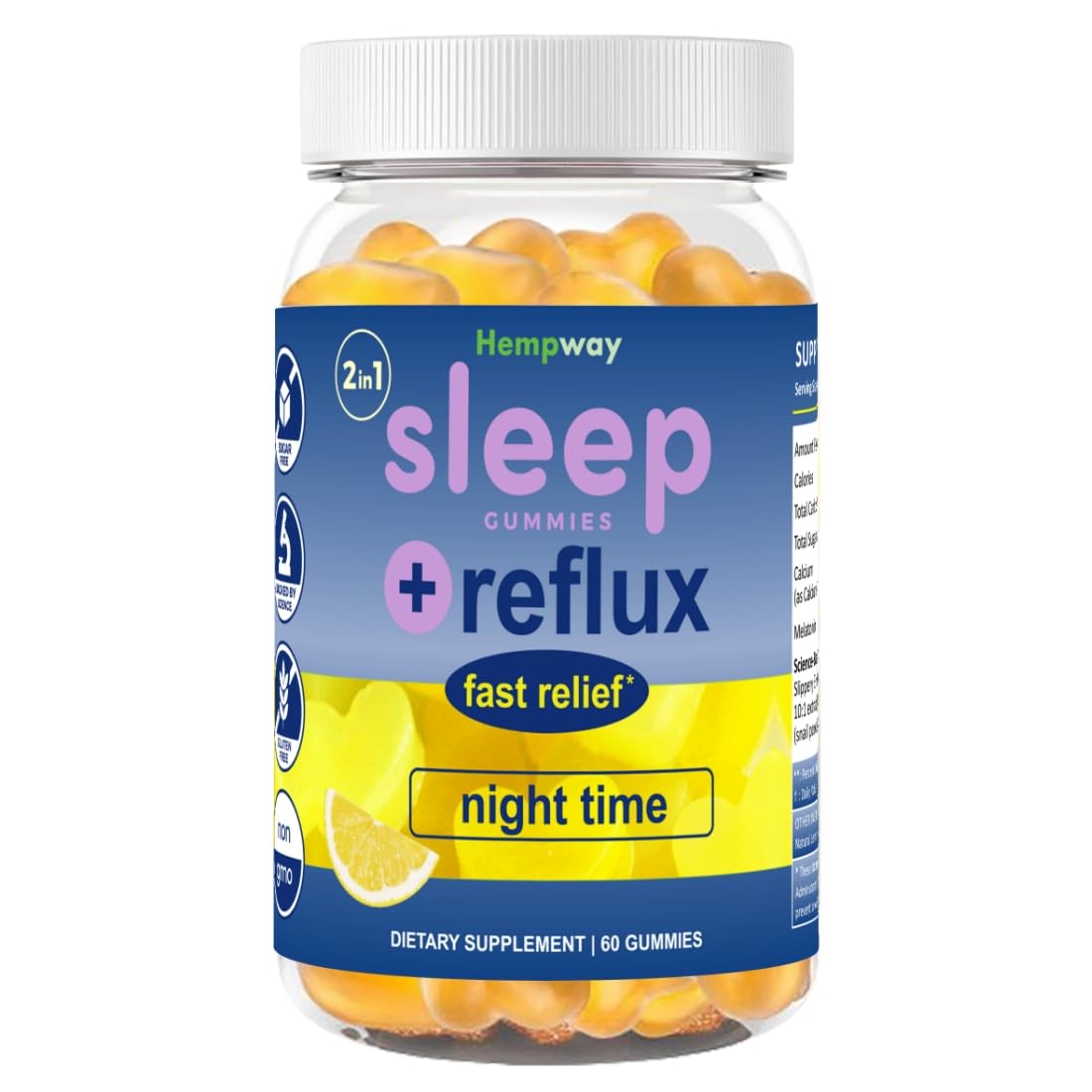 HEMPWAY Reflux Raft bottle with lemon gummies for nighttime relief.