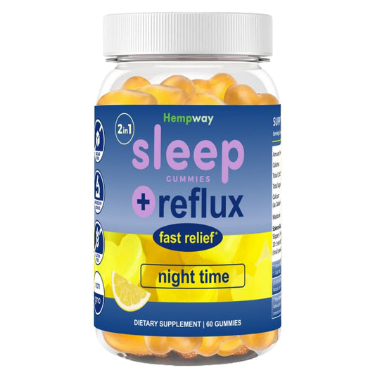 HEMPWAY Reflux Raft bottle with lemon gummies for nighttime relief.