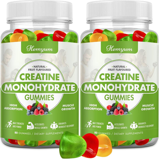 Hemyum Creatine Gummies bottle on shelf for daily performance support.