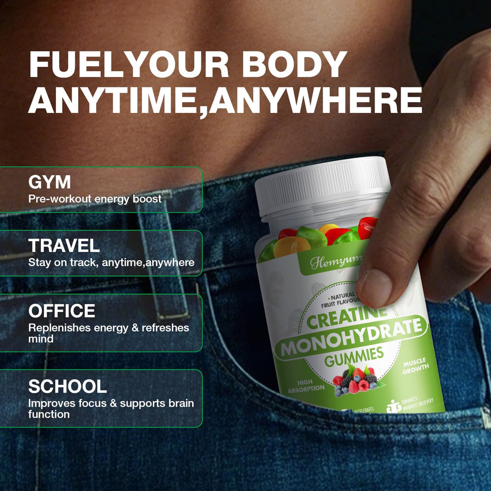 Hemyum Creatine Gummies ingredients panel highlighting vegan, gluten-free formula for clean supplement.