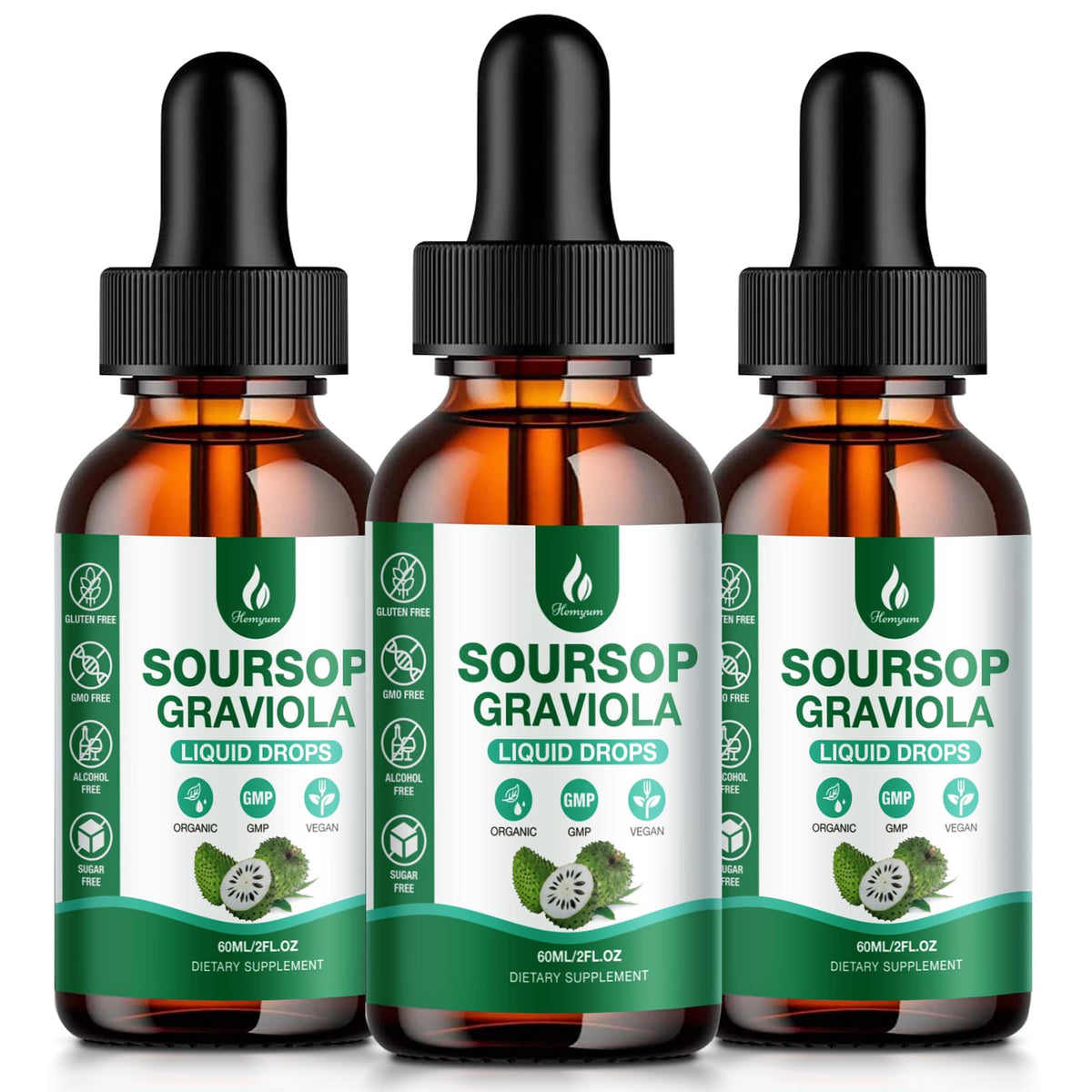 Hemyum Soursop Drops package shows the 3-pack value for daily use.