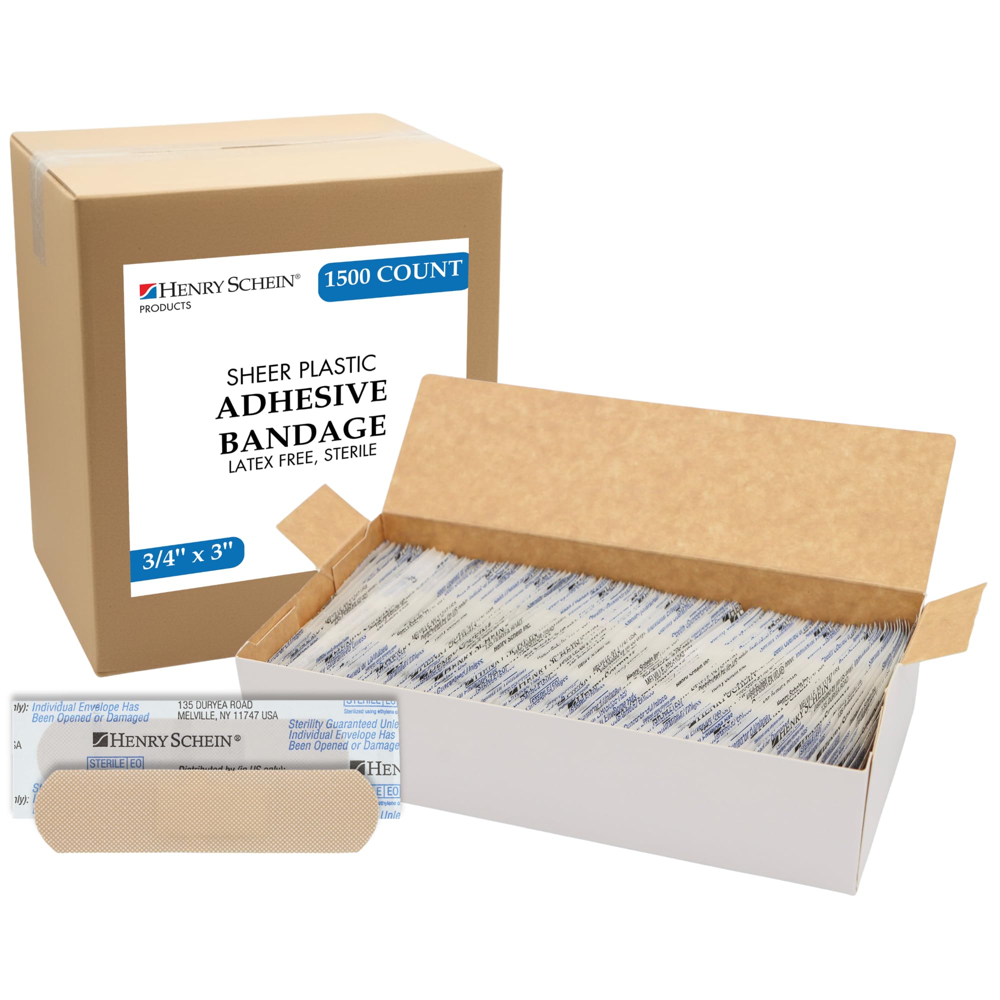 Henry Schein sheer adhesive bandages in a bulk case for classrooms and offices.