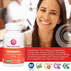 Her Vital Way Cranberex label front highlights 36 mg PAC potency and natural cranberry source.