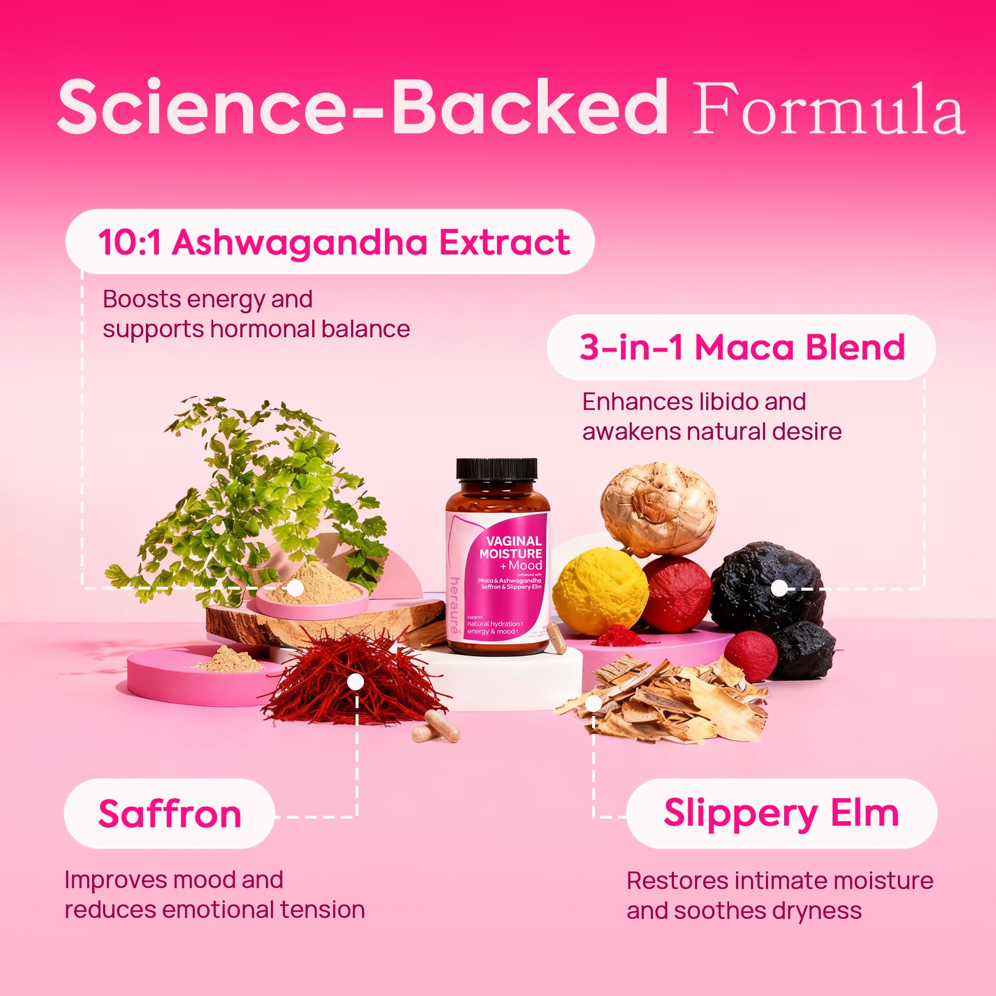 HerAuré Ashwagandha 10:1 capsules emphasizing stress balance and vitality