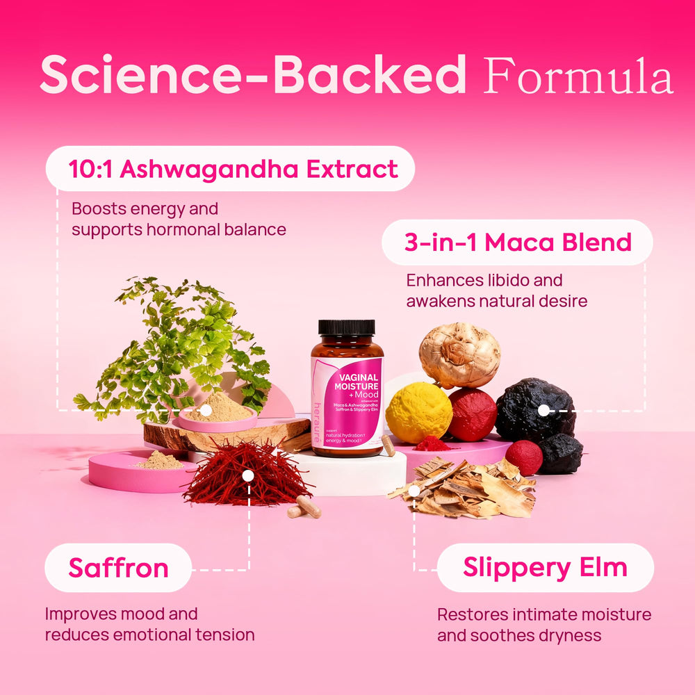 HerAuré Ashwagandha 10:1 capsules emphasizing stress balance and vitality
