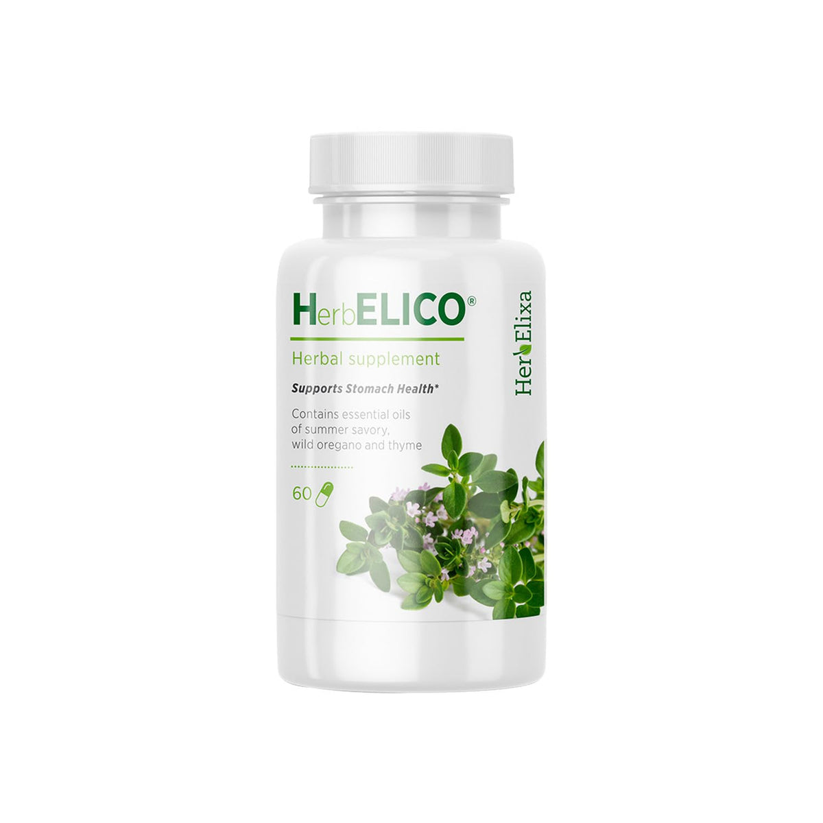 HerbELICO bottle-front with capsules, signaling convenient digestive support