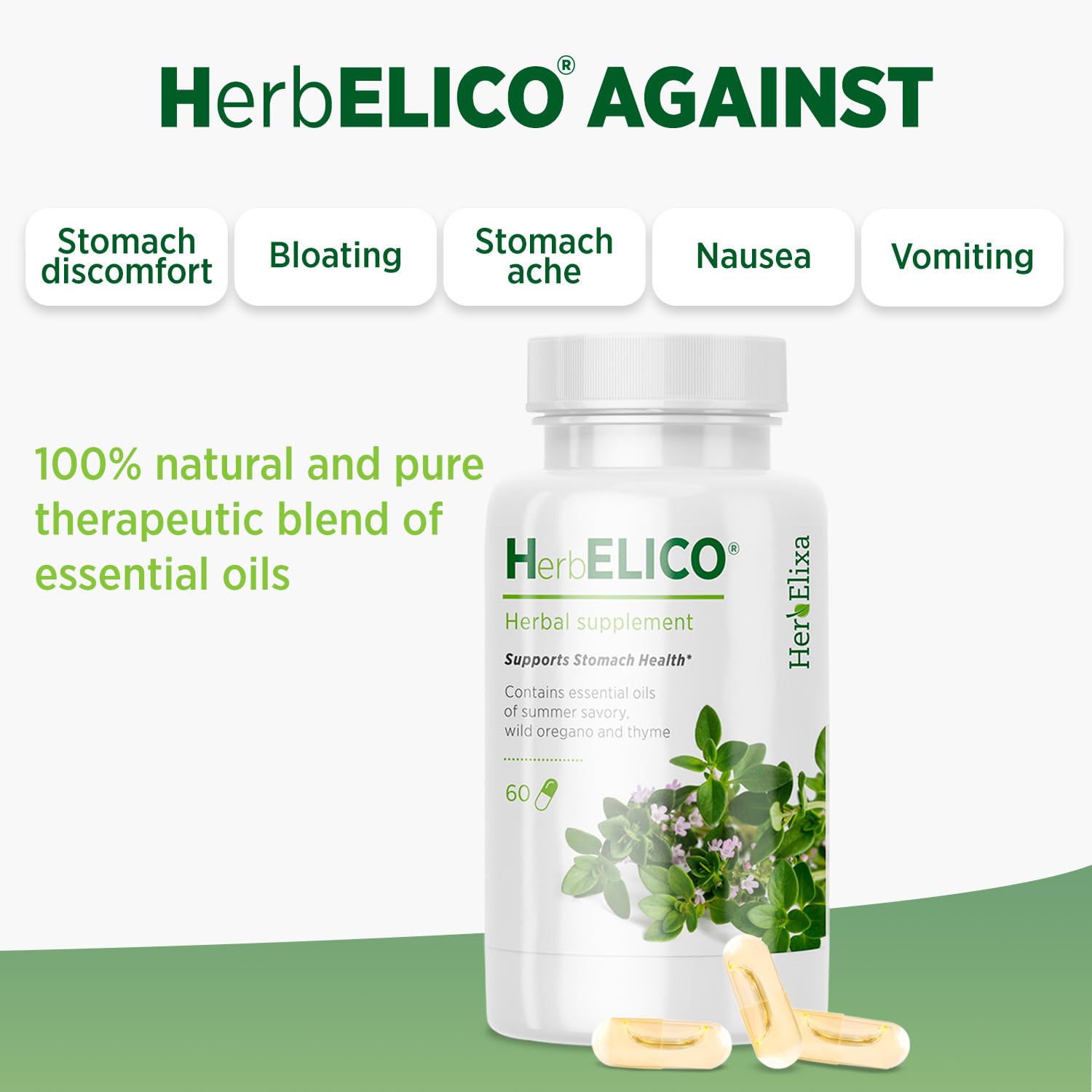 HerbELICO Mediterranean herbs image showcases oregano, thyme, and savory
