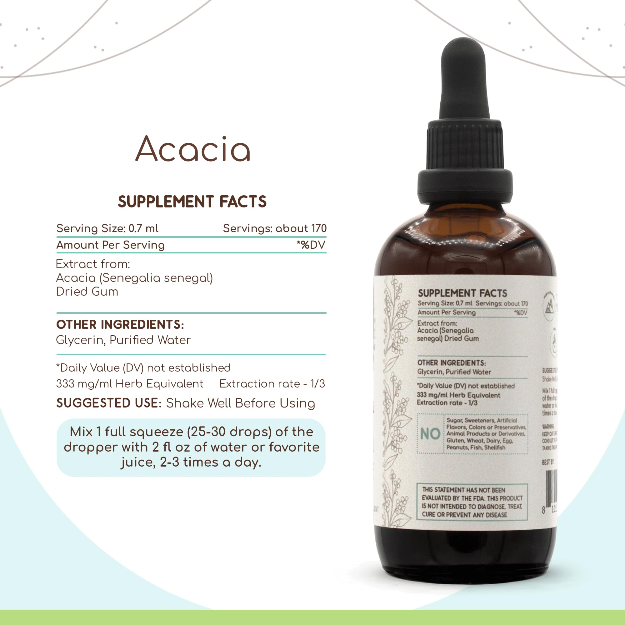 HerbEra Acacia B120 tincture label close-up highlights potency.