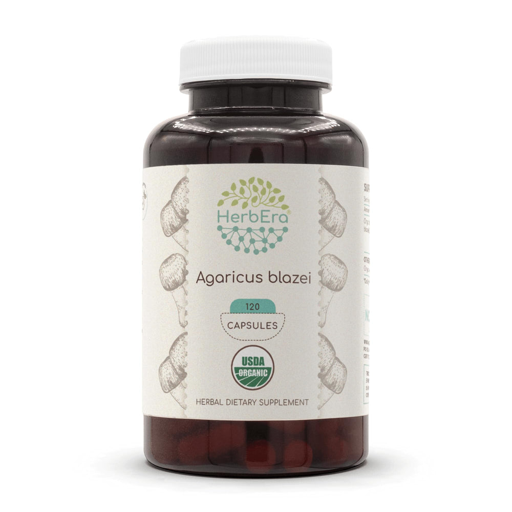 HerbEra Agaricus Blazei bottle front—organic capsules for daily wellness