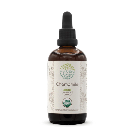 HerbEra Chamomile tincture bottle pour shows alcohol-free, high-potency calming option.