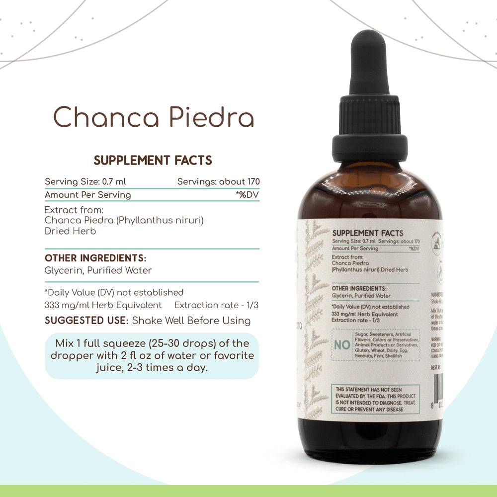 Close-up of HerbEra Chanca Piedra bottle label, highlighting USA-made quality and verified herb identity.