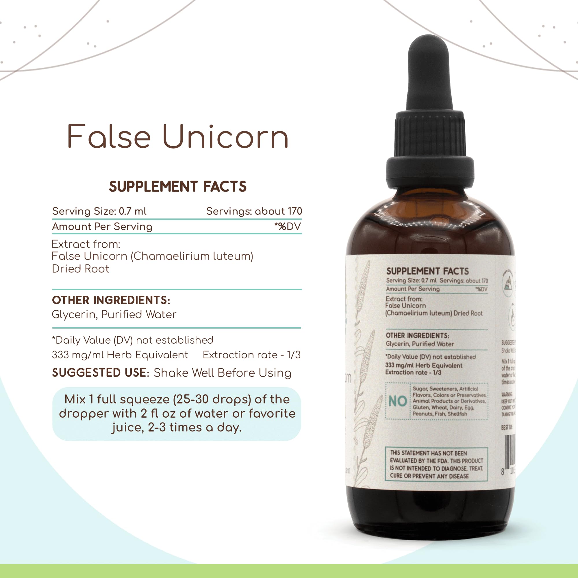 HerbEra False Unicorn B120 label with ingredients and usage details.