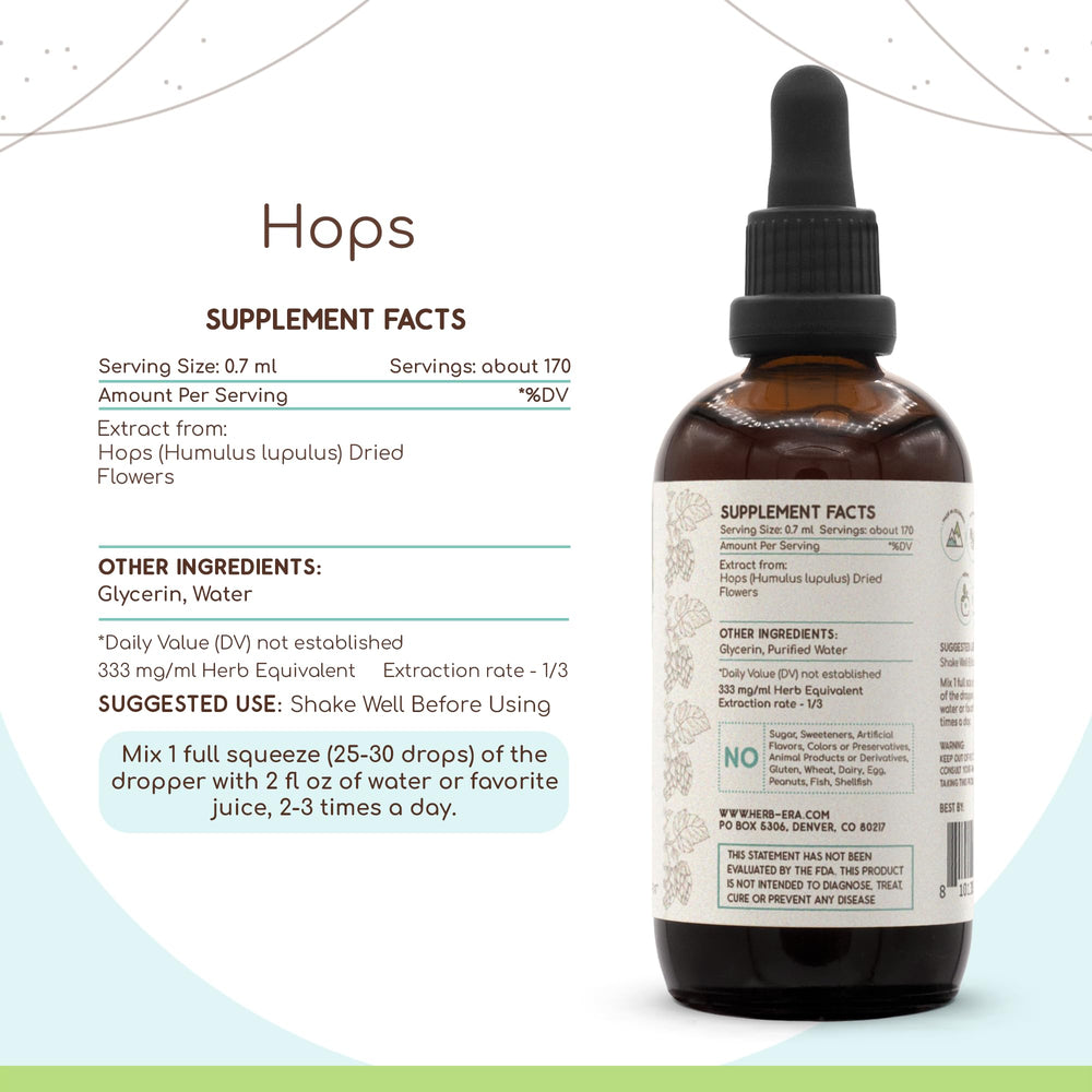 HerbEra Hops B120 tincture label highlighting alcohol-free formula.