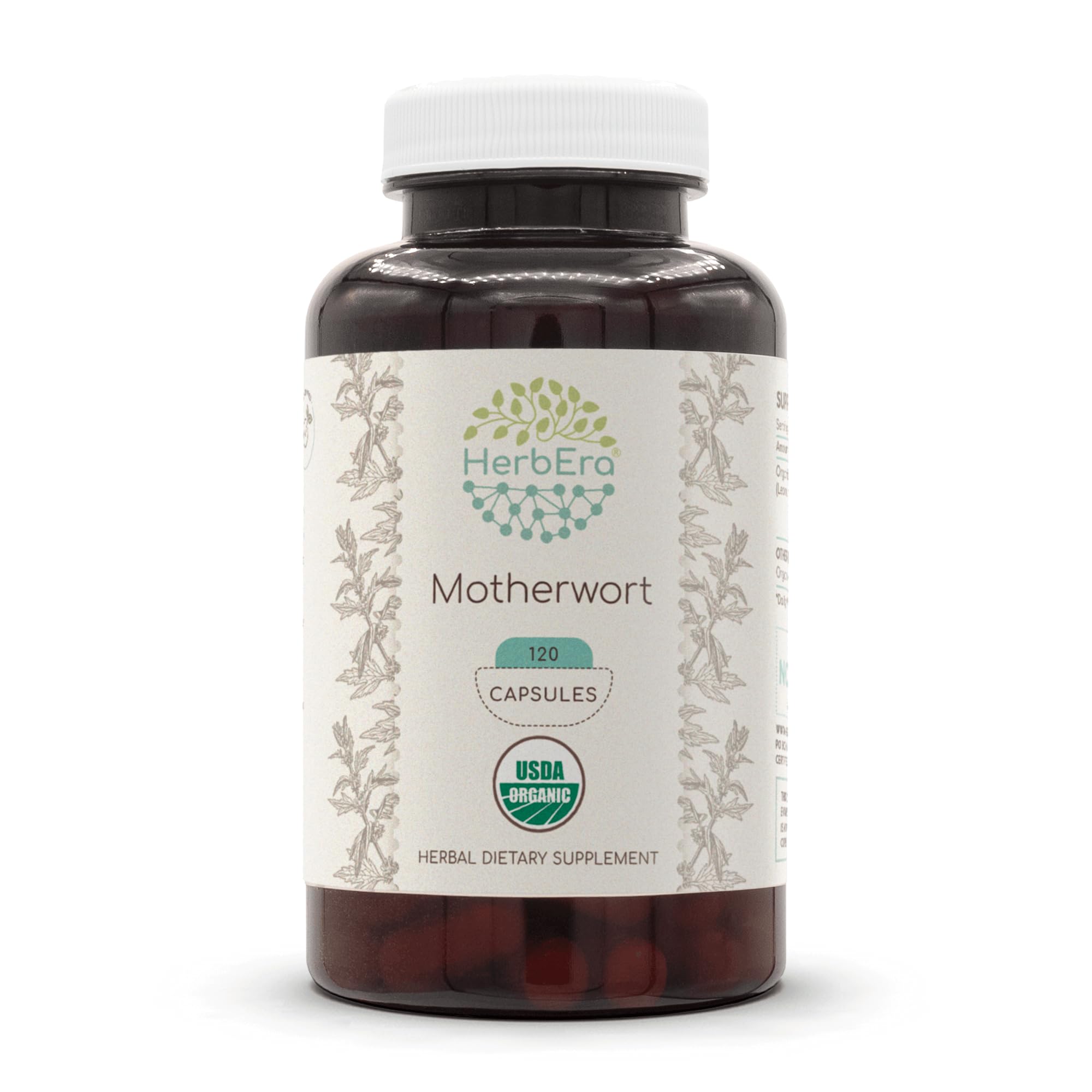 HerbEra Motherwort capsules bottle, organic supplement for daily wellness