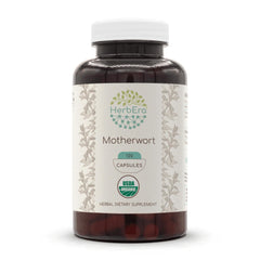 HerbEra Motherwort capsules bottle, organic supplement for daily wellness