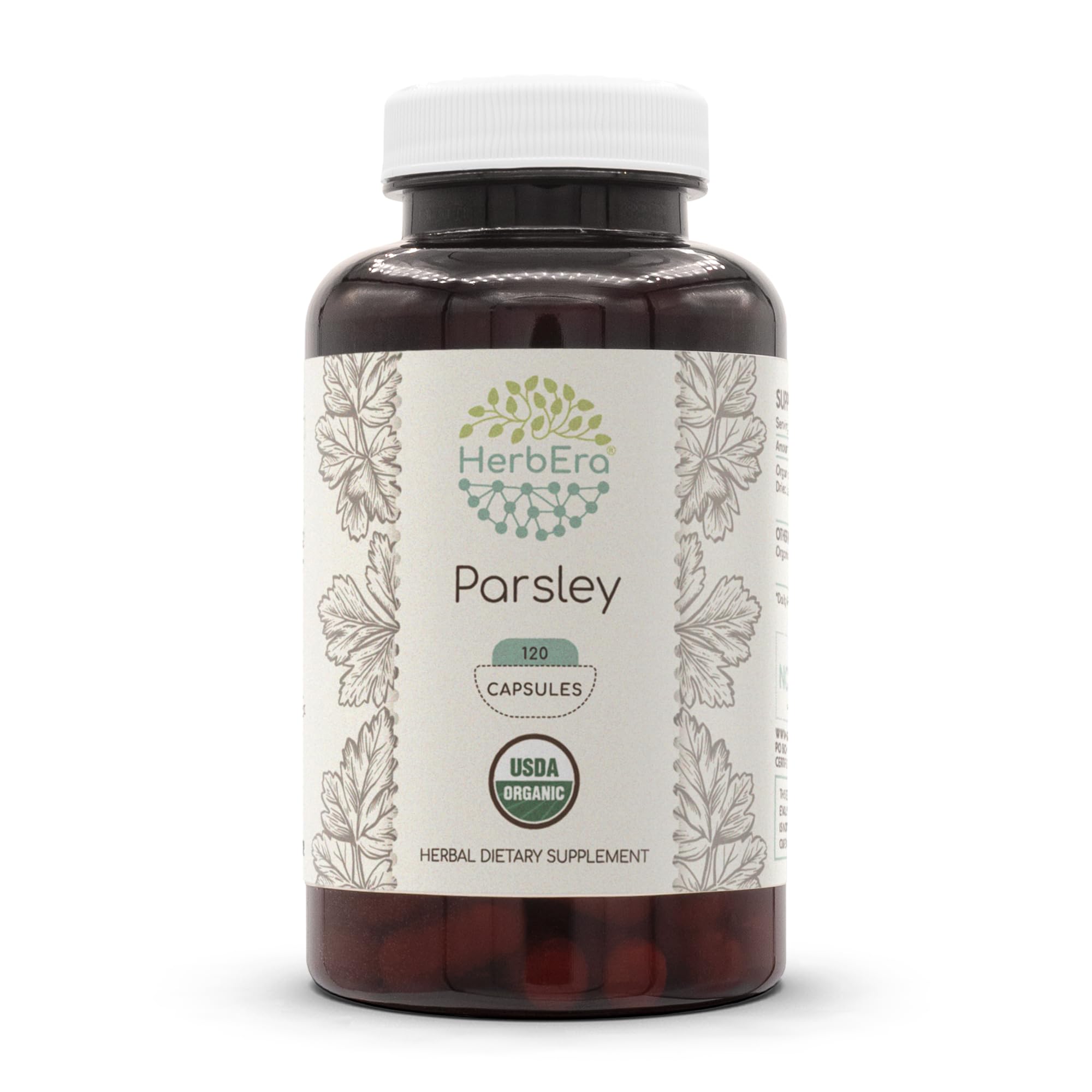 HerbEra Parsley bottle front showing organic capsules for daily herbal support.