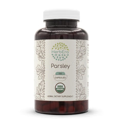 HerbEra Parsley bottle front showing organic capsules for daily herbal support.