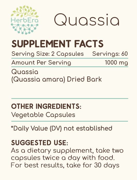 Close-up of HerbEra Quassia capsule showing 500 mg dosage
