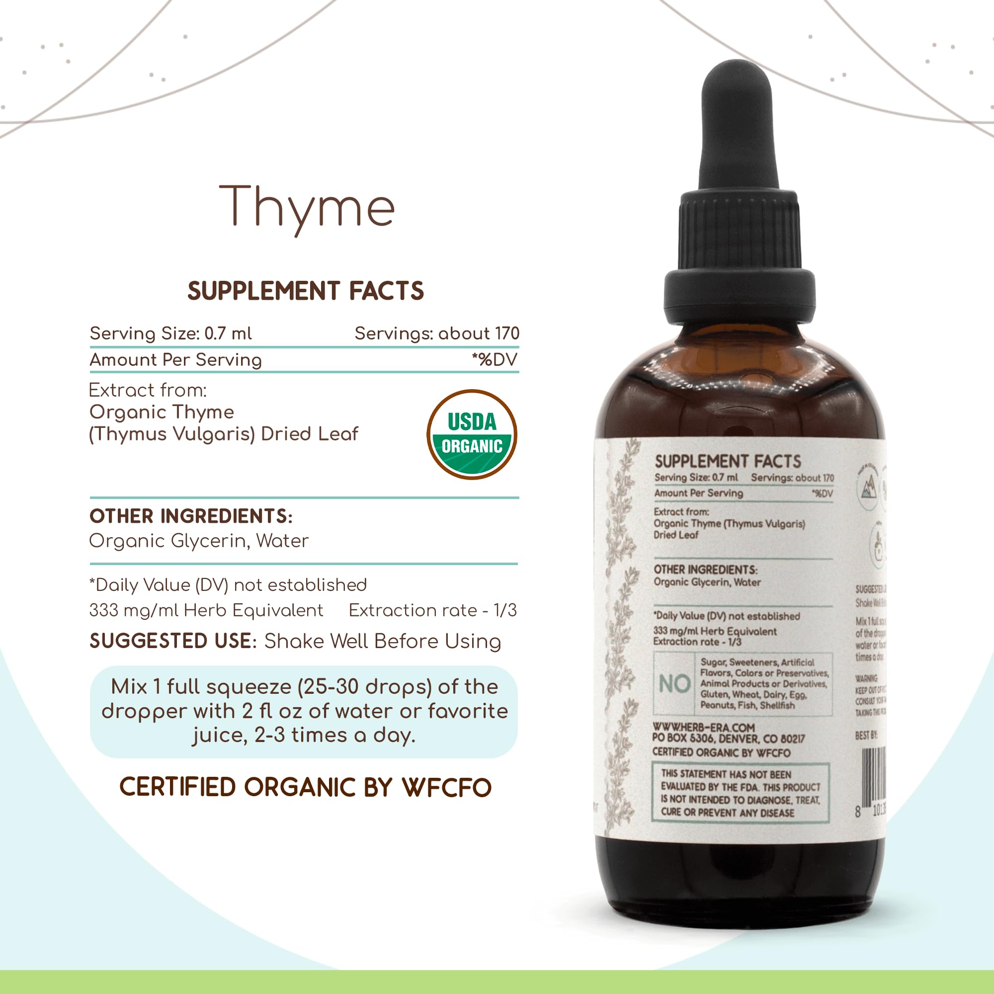 HerbEra Thyme B120 label details emphasize USDA Organic certification.