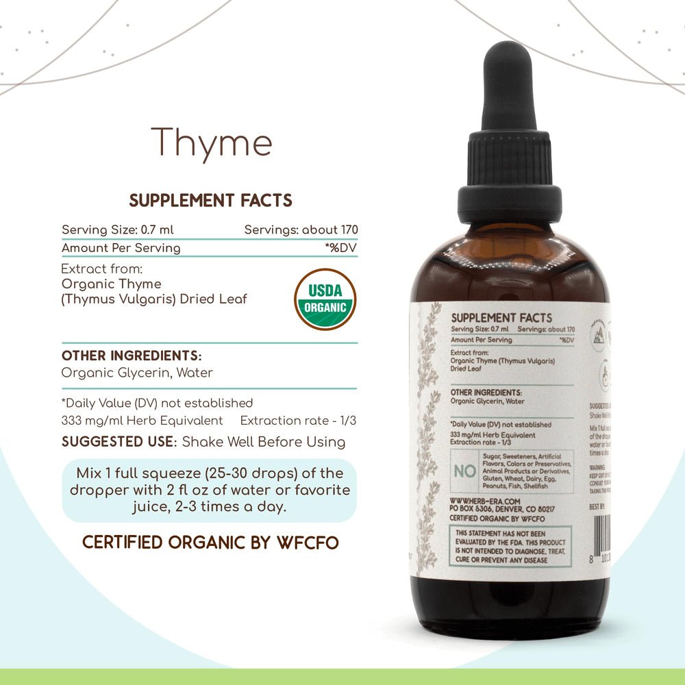 HerbEra Thyme B120 label details emphasize USDA Organic certification.