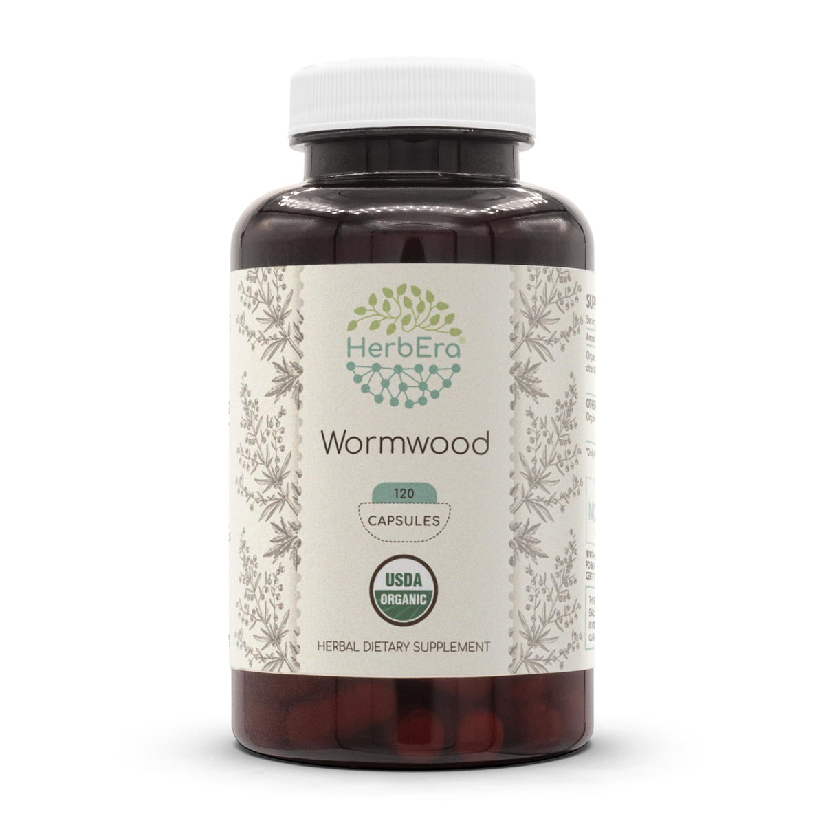 HerbEra Wormwood capsules packaging highlighting organic formula and vegetarian capsules.