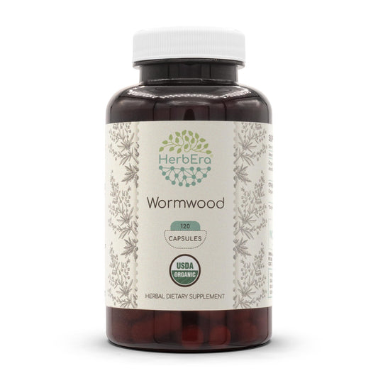 HerbEra Wormwood capsules packaging highlighting organic formula and vegetarian capsules.