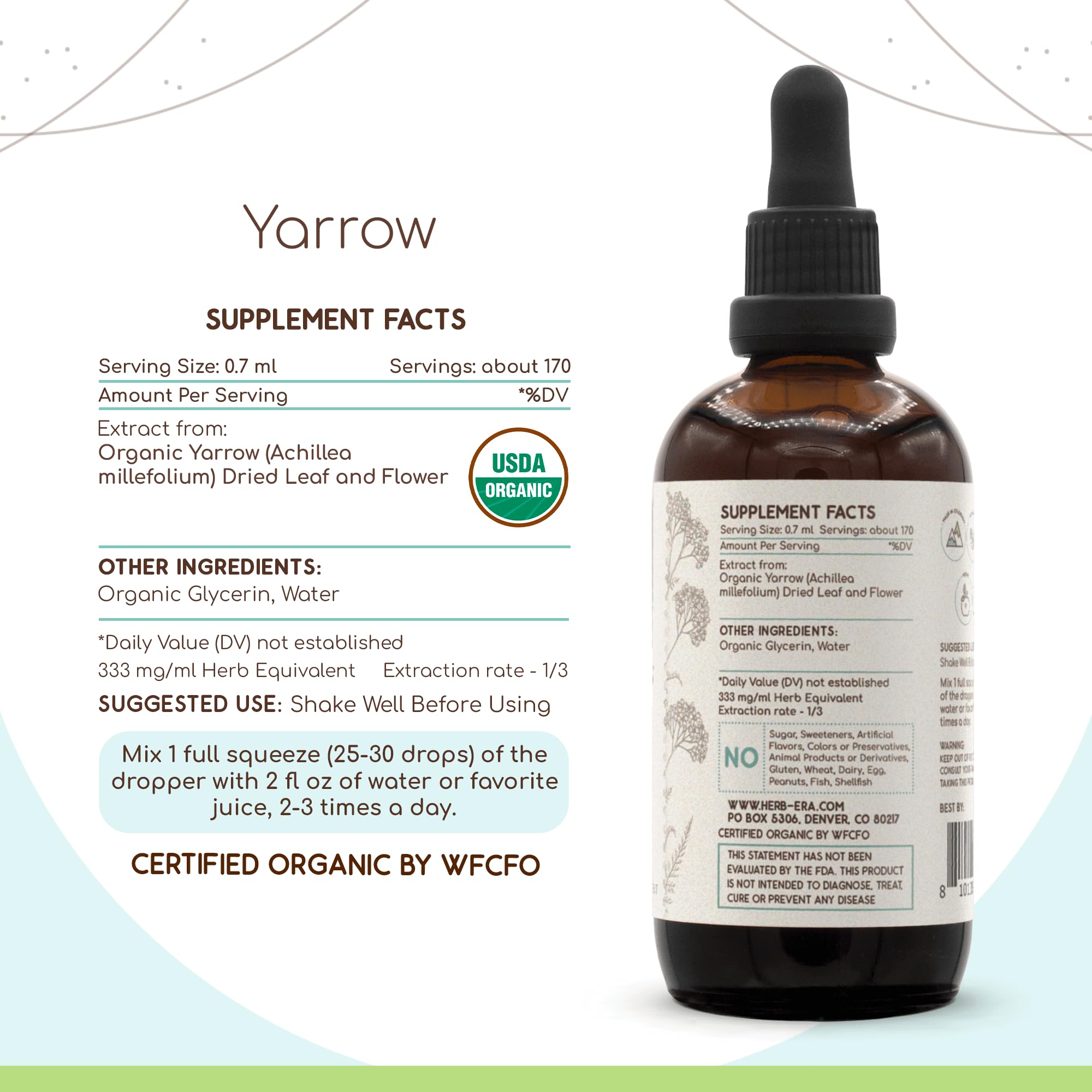 HerbEra Yarrow tincture bottle closeup highlights clear, high-potency extract.