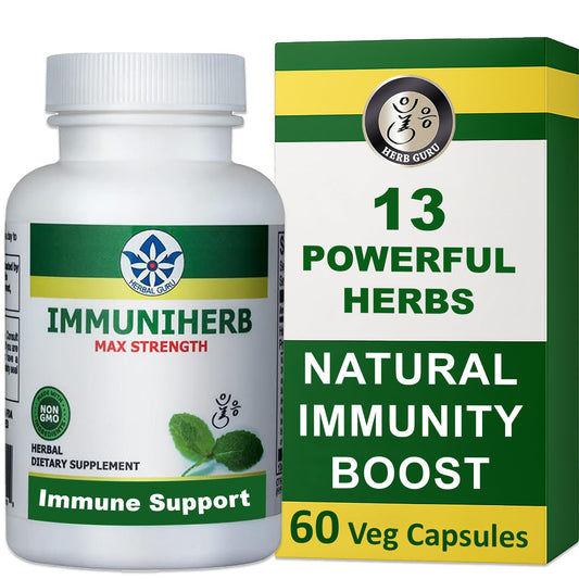 Herb Guru Immuniherb bottle front highlights daily immune support benefits.