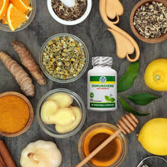 Bottle shows key ingredients like ginger, forsythia, licorice, and cinnamon.