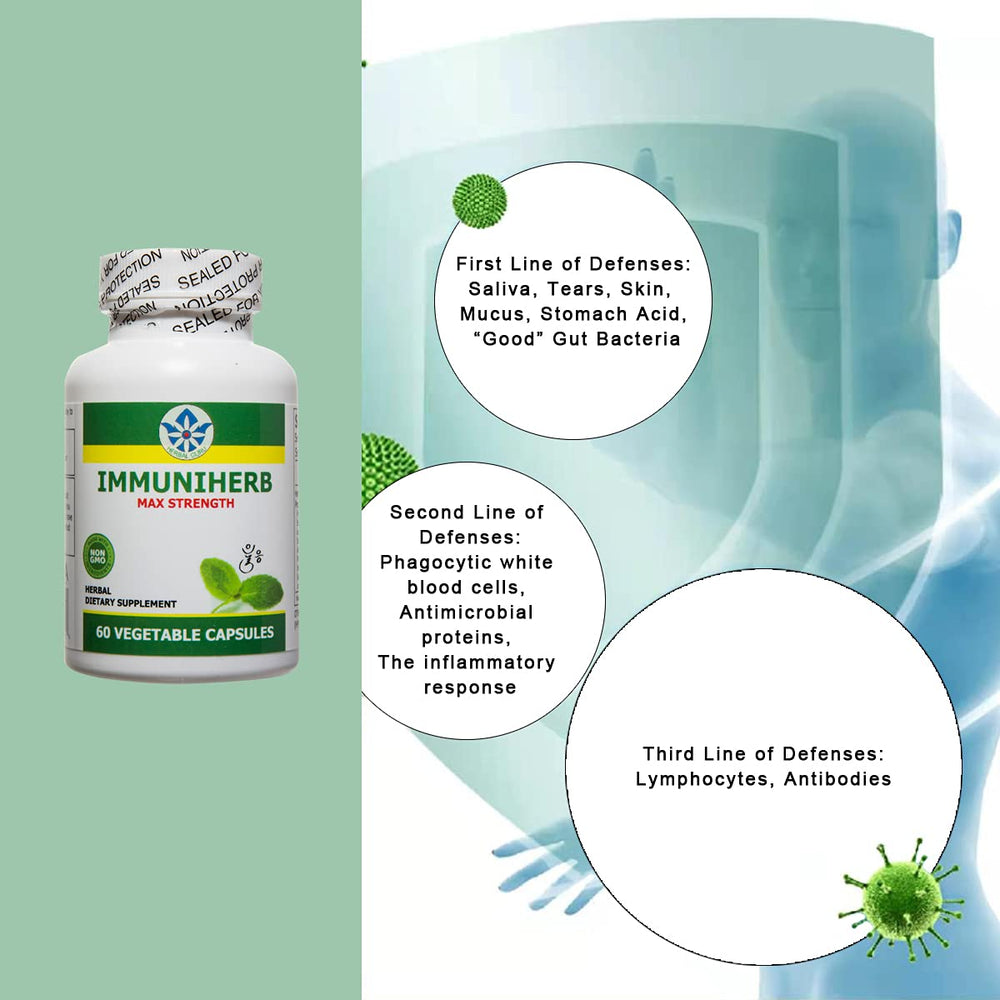 Vitamin C, D3, and zinc alongside Immuniherb bottle.