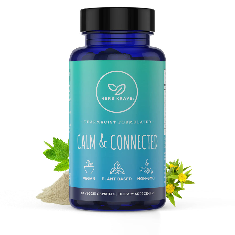 Herb Krave Calm & Connected bottle promotes calm and focus during busy days