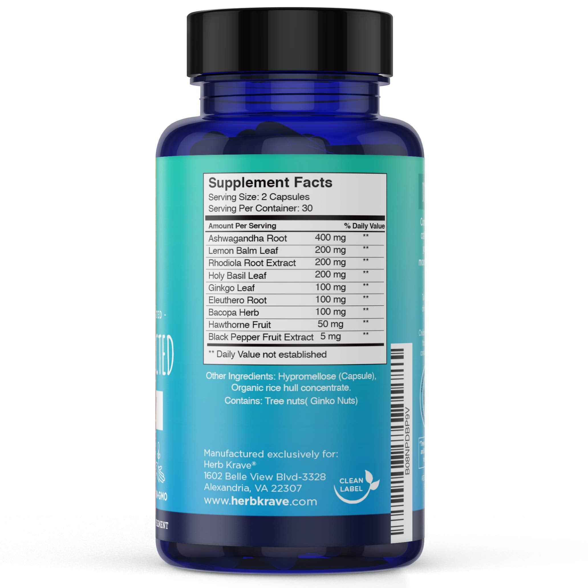 Herb Krave Calm & Connected capsules closeup highlighting adaptogens for focus and mood