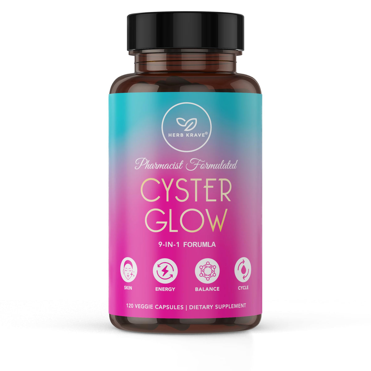 Herb Krave Cyster Glow bottle being poured for daily wellness support.