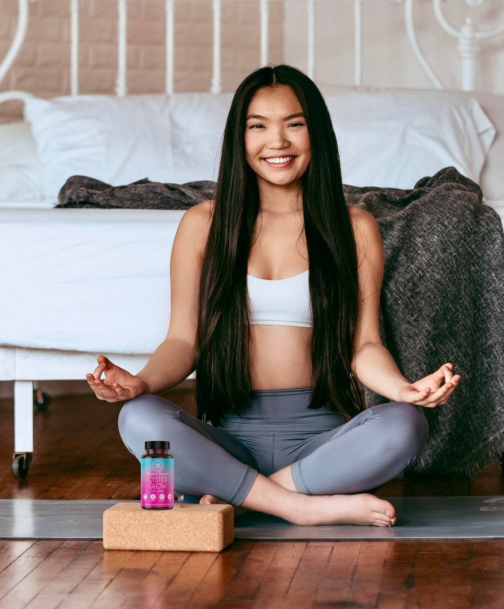 Vegan-friendly Cyster Glow bottle on a shelf highlighting purity.