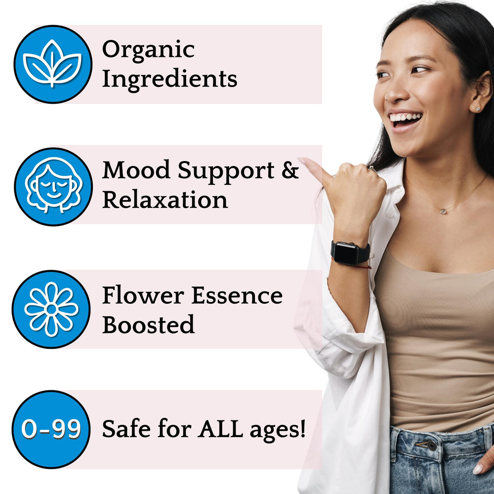Close-up of Anxia-T Ease label highlighting organic herbal blend and flower essences.