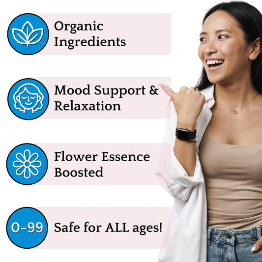 Close-up of Anxia-T Ease label highlighting organic herbal blend and flower essences.