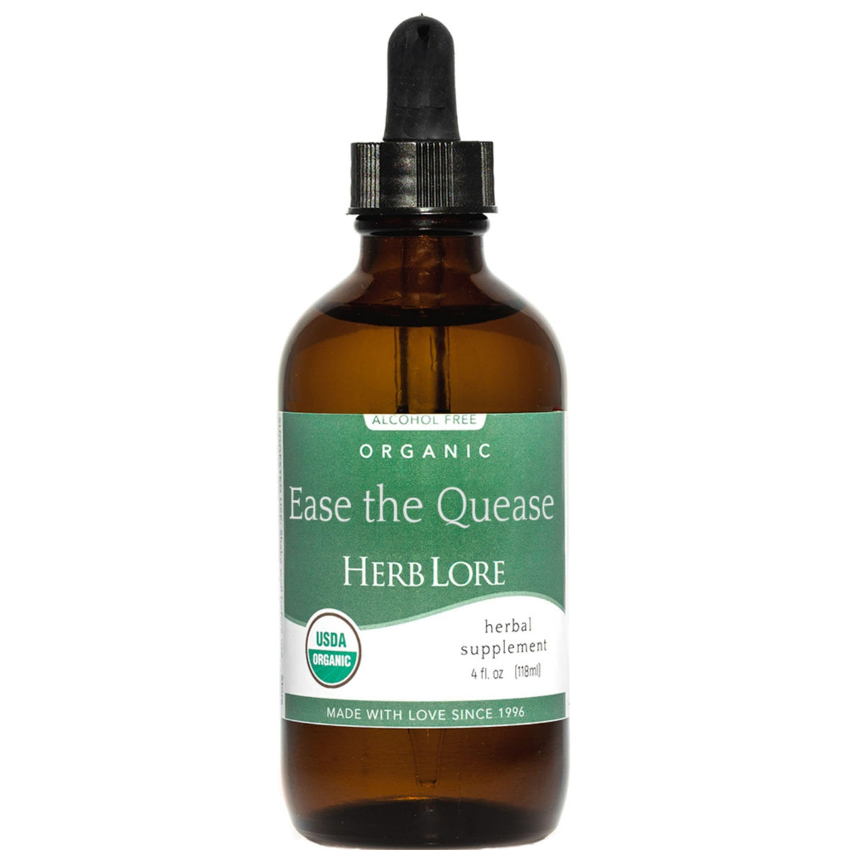 Herb Lore Ease The Quease bottle closeup showing organic ginger, peppermint, fennel for tummy comfort.