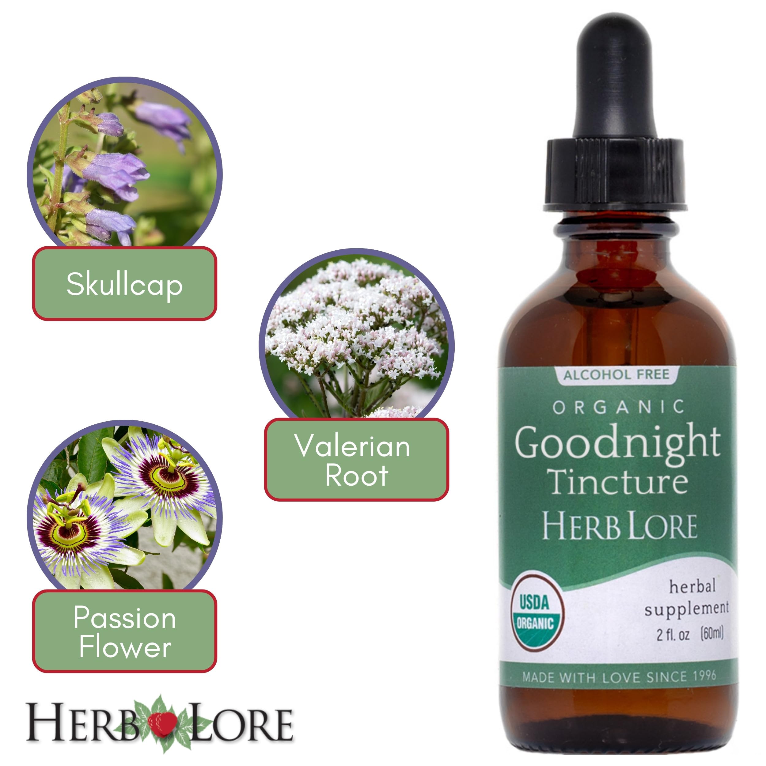 Herb Lore GoodNight tincture label highlights organic, melatonin-free formula.