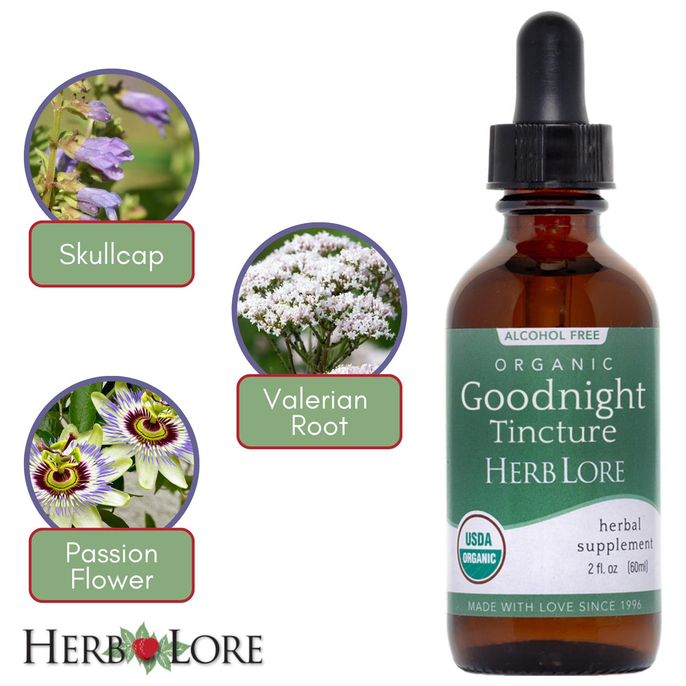Herb Lore GoodNight tincture label highlights organic, melatonin-free formula.