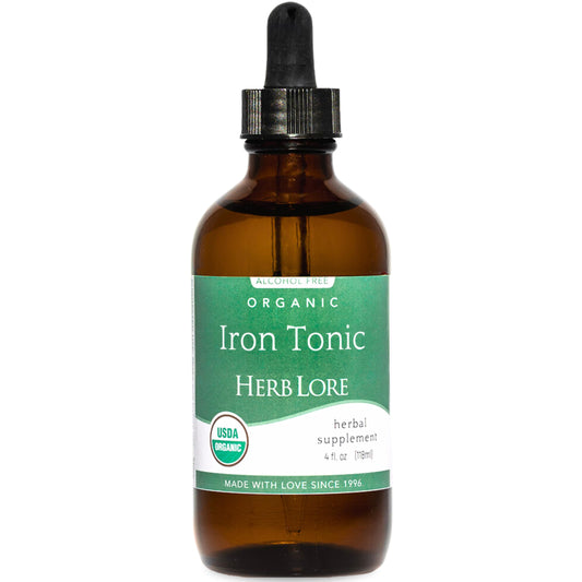 Herb Lore Iron Tonic bottle pour shows easy dosing for kids and adults.