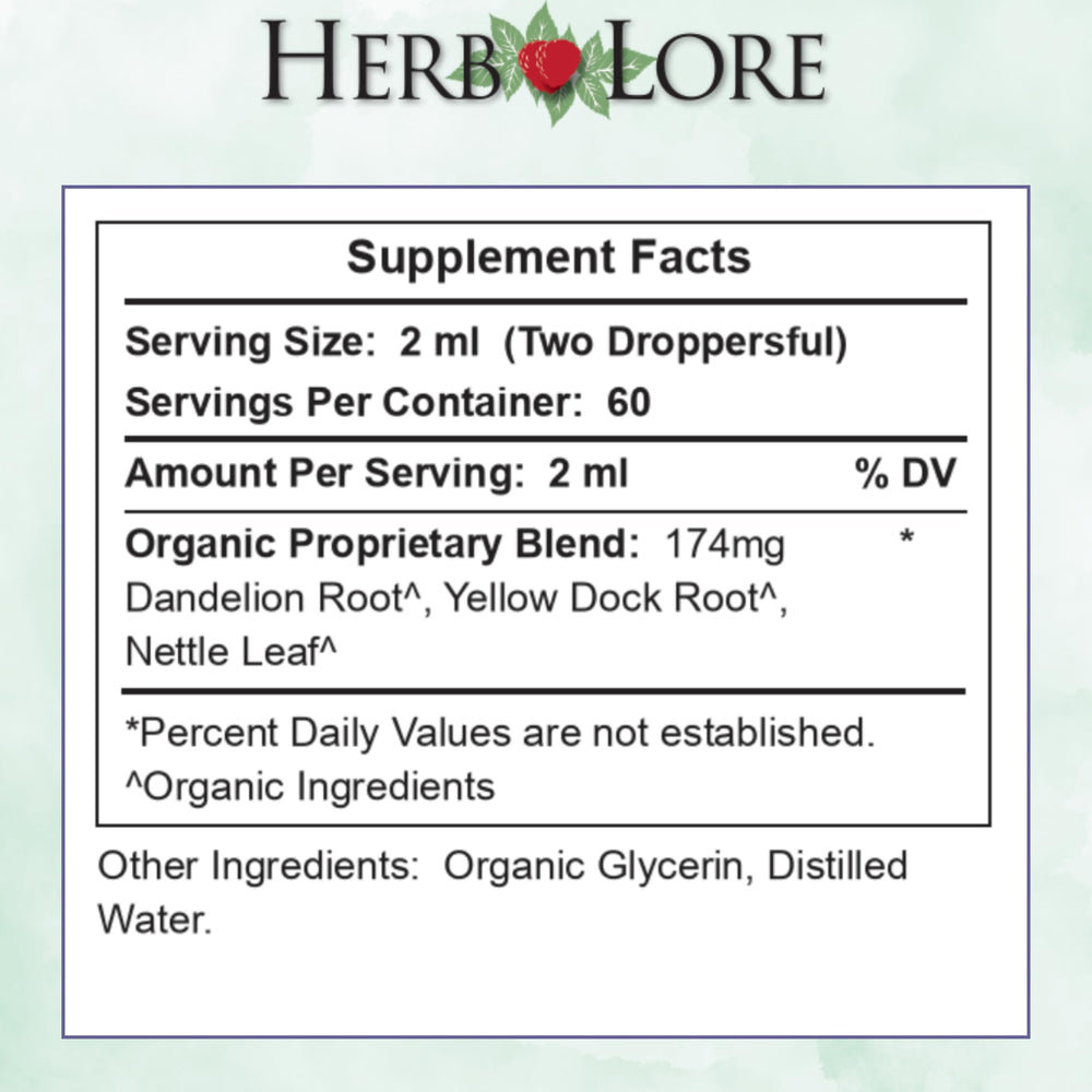 Herb Lore Iron Tonic dosing guidance on chart.