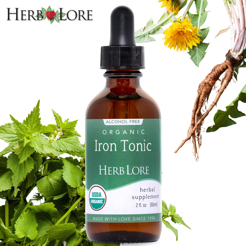 Herb Lore Iron Tonic ingredients label featuring plant-based herbs