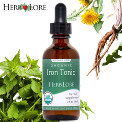 Herb Lore Iron Tonic ingredients label featuring plant-based herbs