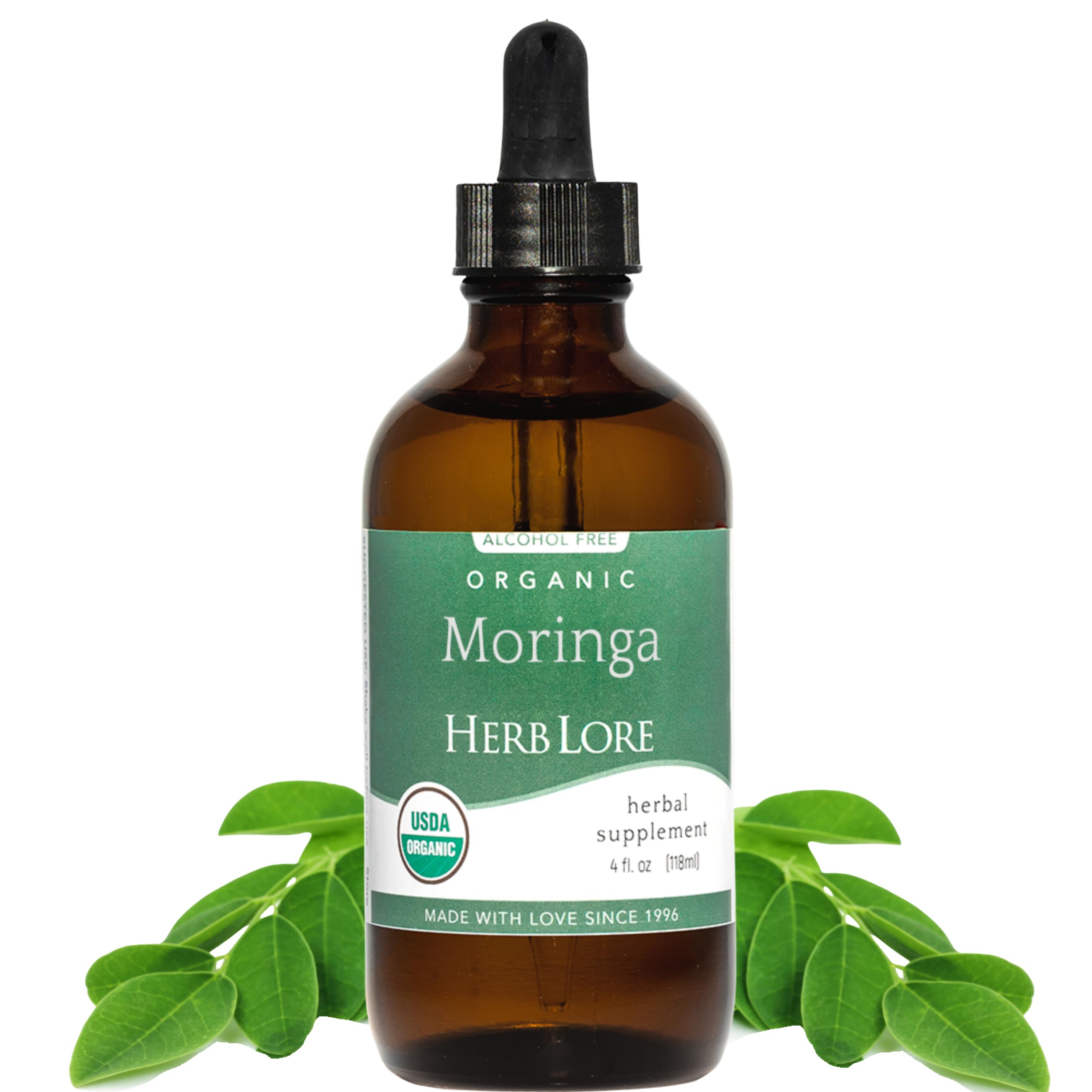 Herb Lore Moringa tincture bottle close-up, pure organic leaf quality