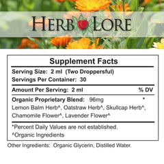 Herb Lore Relax Tincture with organic herbs ready to enjoy.