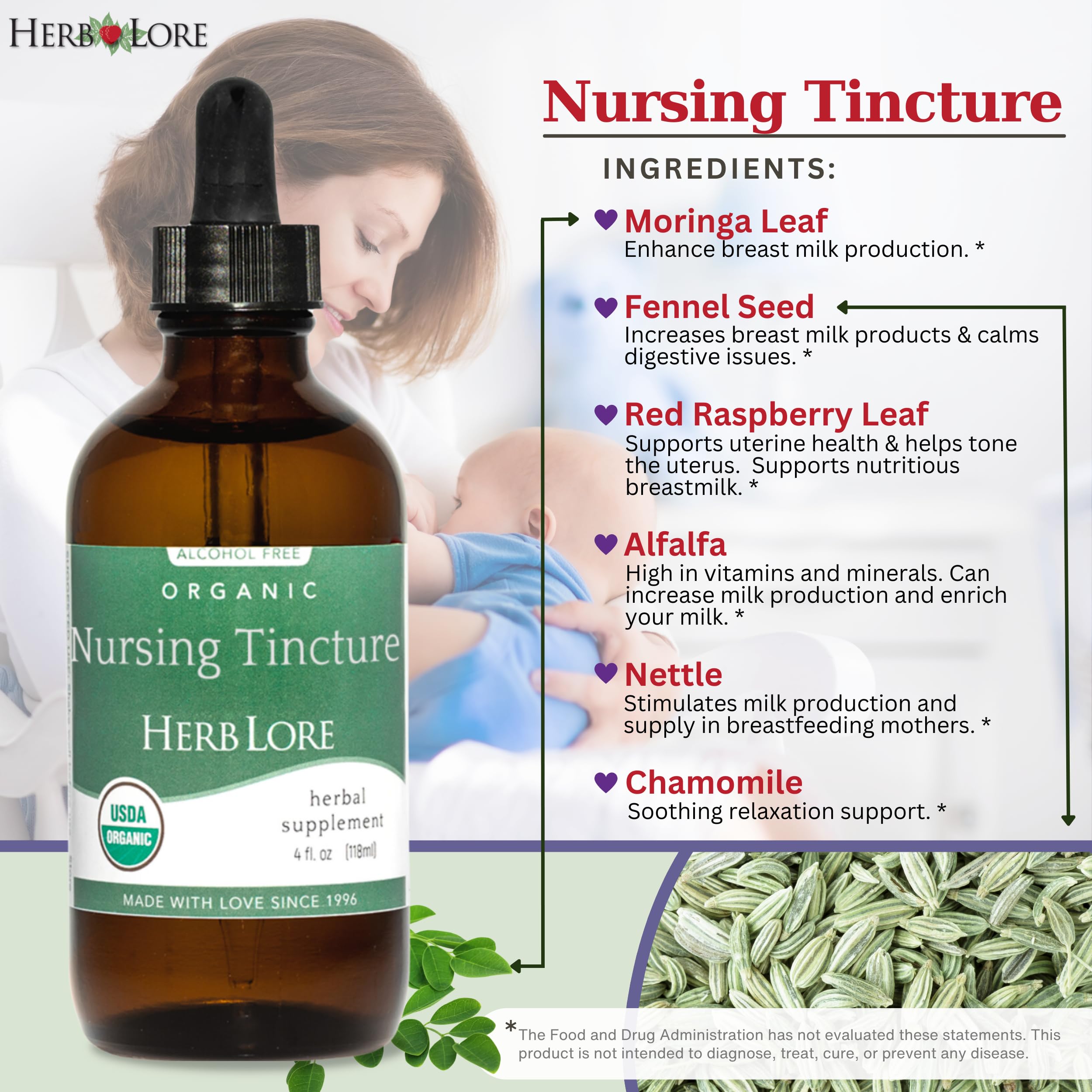 Herb Lore tincture blends moringa and chamomile for gentle digestive comfort.