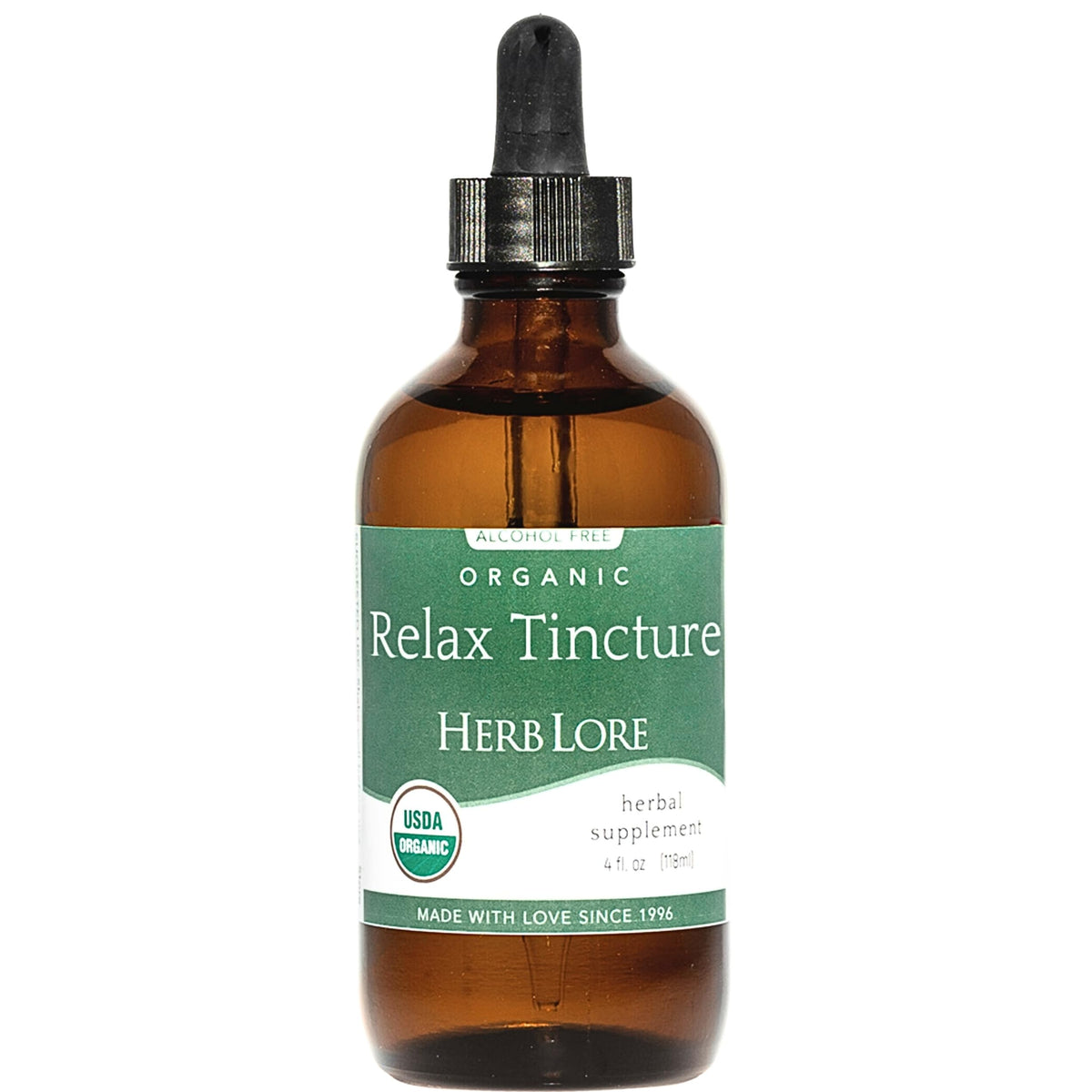 Herb Lore Relax Tincture bottle with dropper for easy dosing.