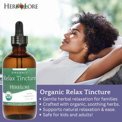 Herb Lore Relax Tincture dropper releasing liquid for direct use.