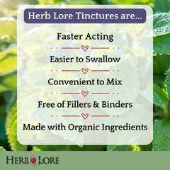 Herb Lore Relax Tincture label highlighting organic ingredients.