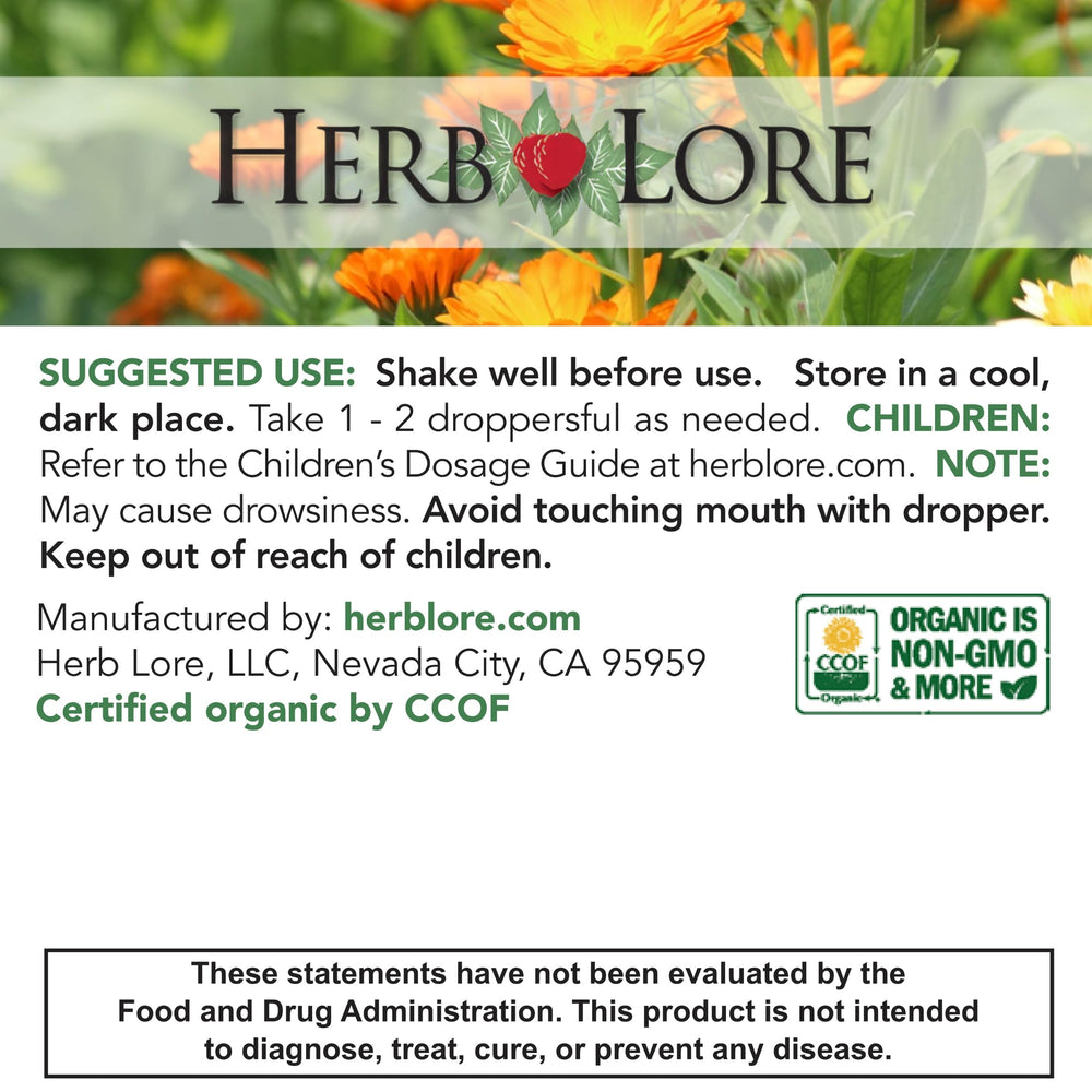 Herb Lore Relax Tincture bottle displayed with organic packaging.